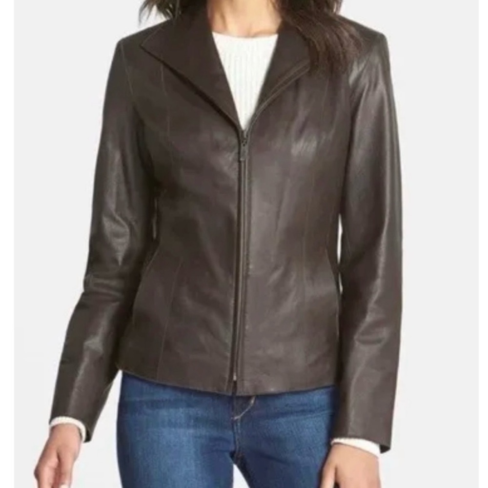 Cole Haan Lambskin Leather Jacket in Dark Expresso Brown Size 16 $498